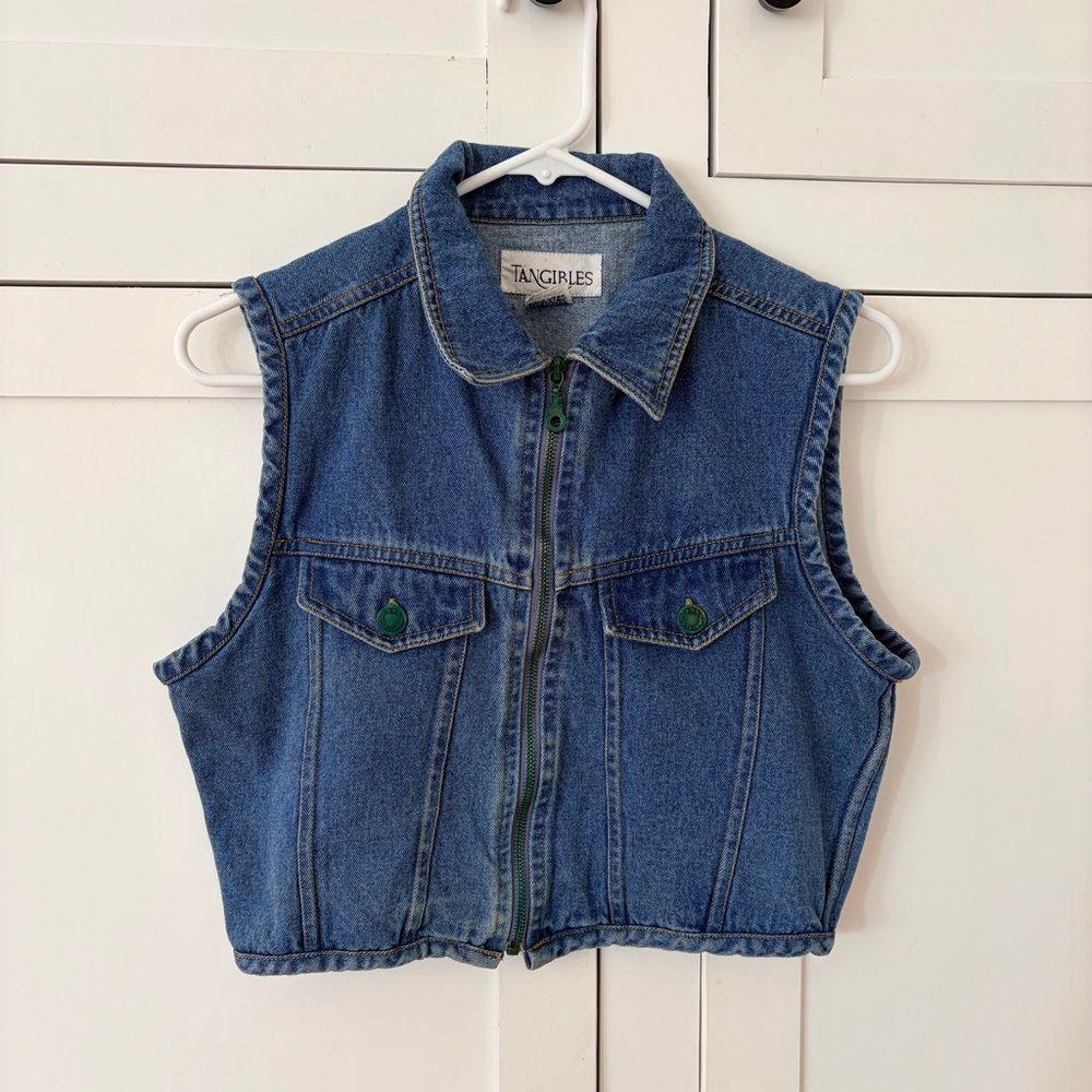 Vintage Tangibles Denim Collar Zip Up Crop Sleeveless Vest Size Medium